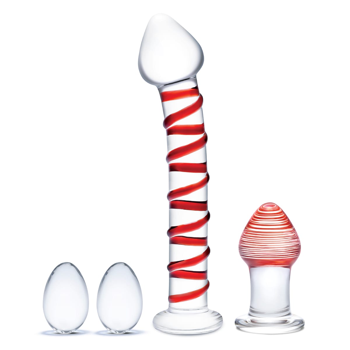 Buy GLAS Mr. Swirly 4pc Set Eggs: 1.75 / Dil: 8.00 / Plug: 3.25 long and Eggs: 1.19 / Dil: 1.67 / Plug: 1.59 thick dildo made by Glas.