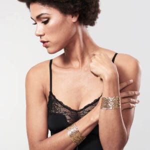 Buy Bijoux Indiscrets Desir Metallique Mesh Handcuffs - Gold sexy jewelry for her.
