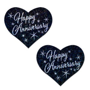 Pastease Happy Anniversary Hearts - Black pasties for sale and in stock.