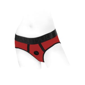 Wearing SpareParts Tomboi Harness Red Black Nylon dildo panties or briefs is comfortable. Feel connected with your partner wearing SpareParts Tomboi Harness Red Black Nylon bottoms. Buy a new harness compatible dildo for your new dildo panties or dildo briefs.