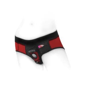 Wearing SpareParts Tomboi Harness Red Black Nylon dildo panties or briefs is comfortable. Feel connected with your partner wearing SpareParts Tomboi Harness Red Black Nylon bottoms. Buy a new harness compatible dildo for your new dildo panties or dildo briefs.